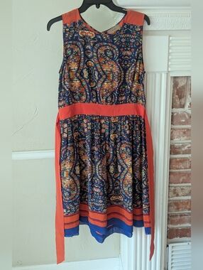 Kachel | Sleeveless Navy Paisley Midi Dress with Coral Trim